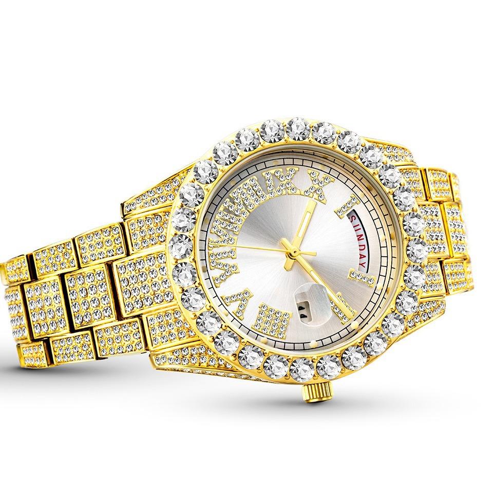 Модные мужские часы с календарем на неделю с бриллиантами в стиле хип-хоп и бриллиантами Water Ghost