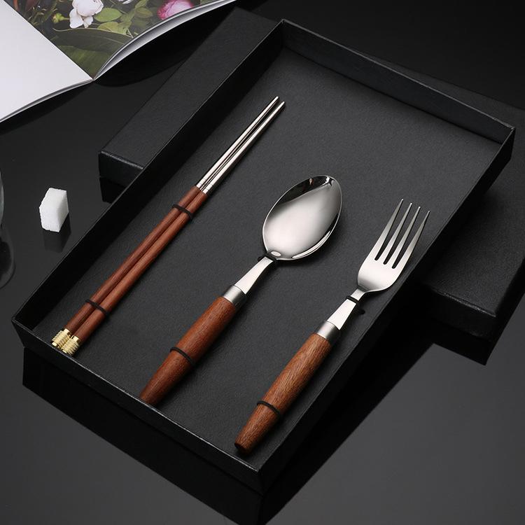 Столовые приборы из нержавеющей стали 304, вилка, ложка, палочки для еды, деревянная ручка, подарок в стиле западной кухни, кухонная посуда, полные наборы