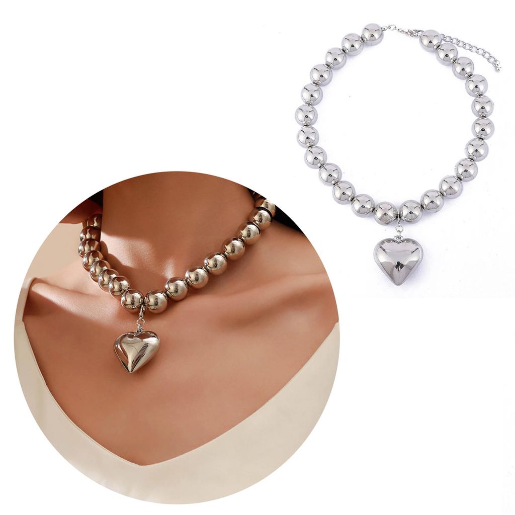 Exaggerated Beads Necklace Big CCB Ball Beaded Chain Necklaces Personalized Heart Pendant Layered Necklace for Women