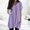 Womens Tops V-neck Short Sleeve Blouses Casual Mid-length Shirts Fashion Print Tunic Tops With Pockets
