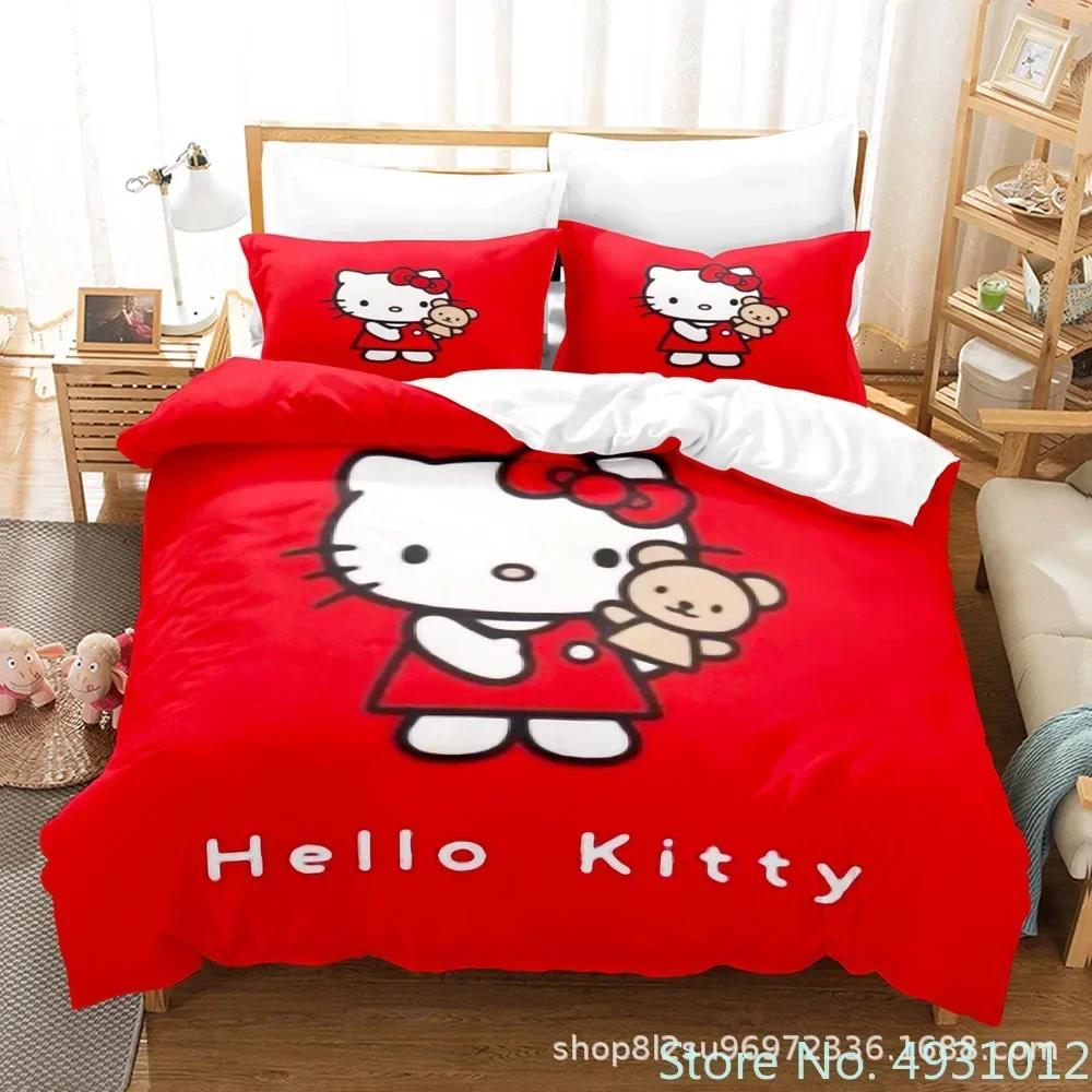 Милый набор постельного белья Hello Kitty Цвета Наволочка Японское Аниме Постельное белье 3D Печатное покрывало Пододеяльник Детский Подарок