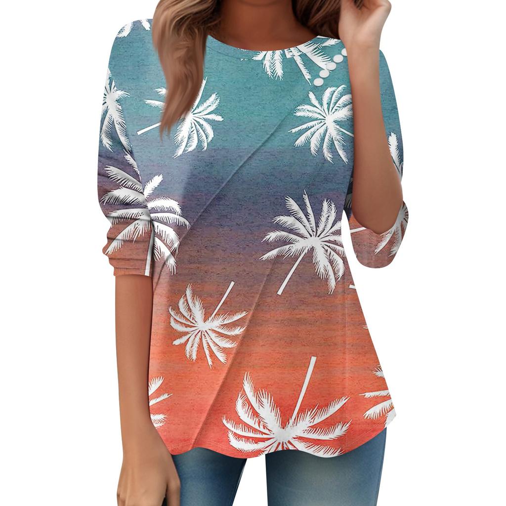 Women's Loose Casual Long Sleeve Top Round Neck Button Pull Stripe Prints T Shirt