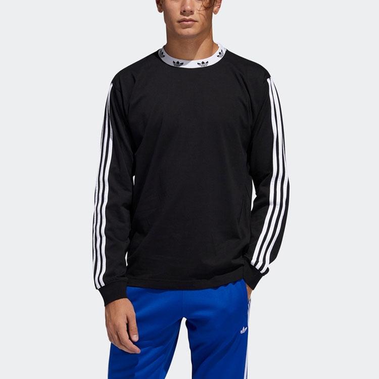 adidas Мужская футболка с длинными рукавами в рубчик в виде трилистника Originals и воротником с вышивкой логотипа, черный FM1506