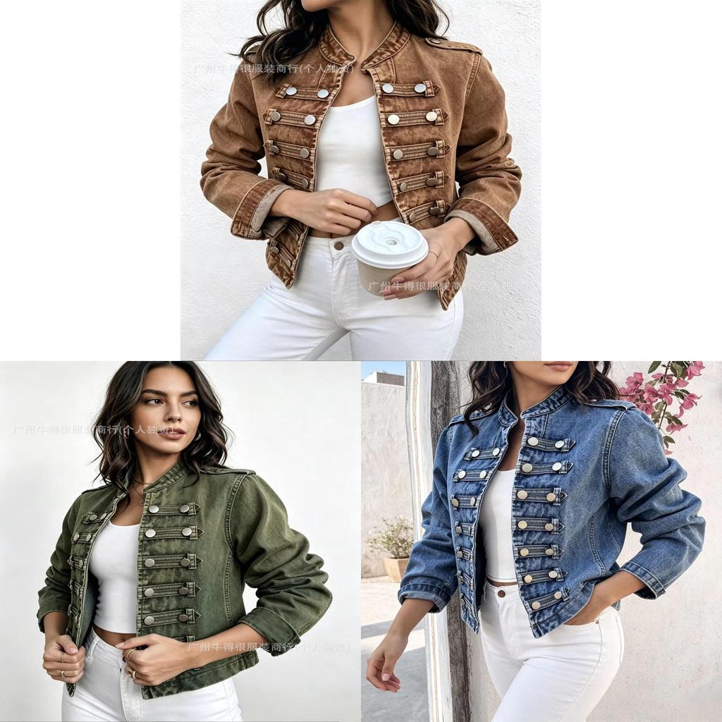 Denim Jacket For Women With Stand Collar And Long Sleeves Summer Fashion Casual