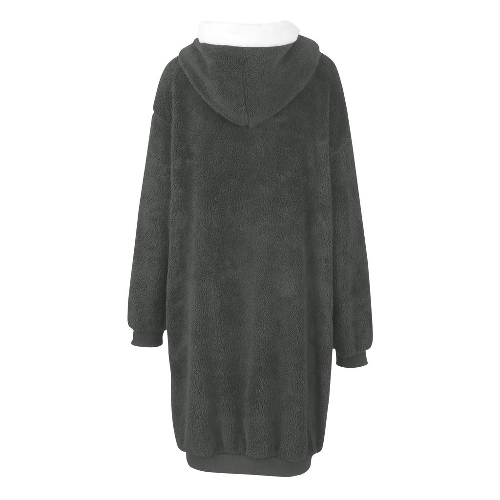 Женское однотонное двустороннее плюшевое пальто средней длины с капюшоном и карманами