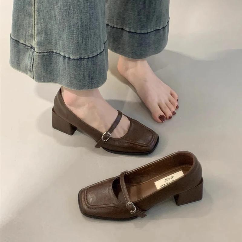 Туфли Мэри Джейн на среднем каблуке, модные туфли с квадратным носком, женские туфли с массивным каблуком, тренд 2024 года, зимние туфли-лодочки, новые женские туфли Zapatillas