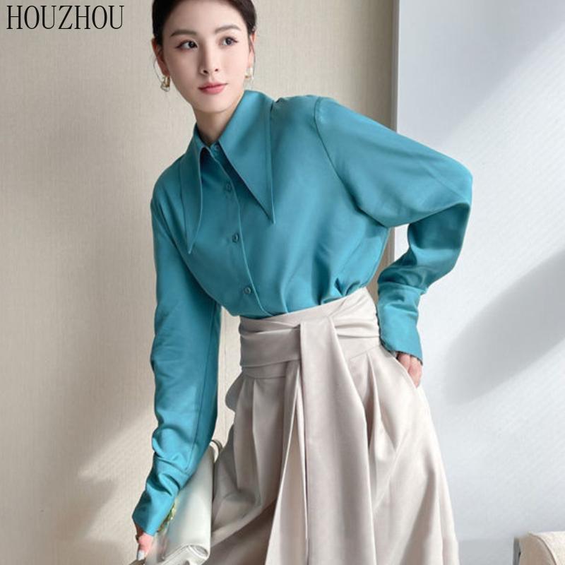 HOUZHOU Шикарная женская рубашка с острым воротником, корейская элегантная ретро-элегантная женская классическая блузка для поездок на работу