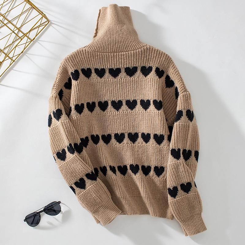 Women's Fall/winter Sweater Loose Casual Love Jacquard Turtleneck Pullover Knit Sweater