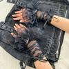 Elegant Lace Fingerless Oversleeve Elastic Ruffled Wrist Cuffs Arm Cover Strappy Bow Gloves Gothic
