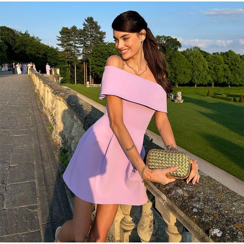 Women Simple Patchwork Off The Shoulder Party Dress Spring Summer Short Sleeve Mini Dress Slash Neck Solid Color Ladies Dress