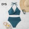 Комплект из 2 предметов: летний комплект бикини, бюстгальтер с лямками на шее и плиссировкой, плавки с высокой талией, однотонный купальник