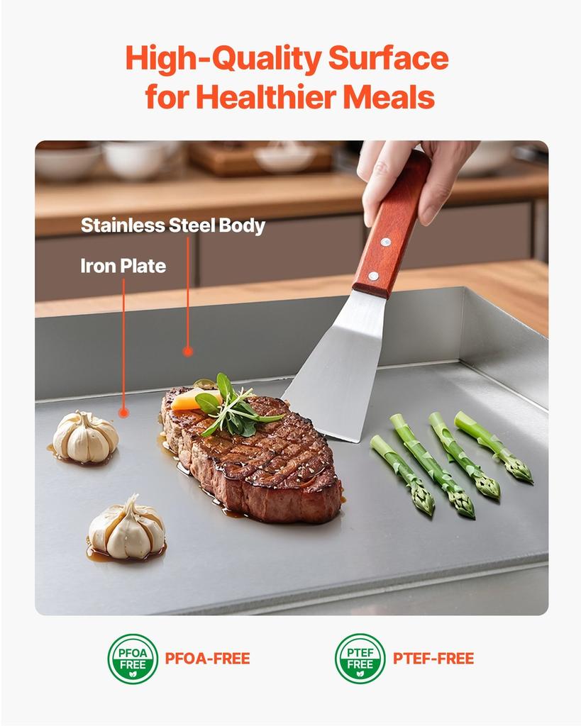 Commercial Electric Griddle, 655 x 400 mm, 4000W, 50-300°C Adjustable Temp Control, Stainless Steel Countertop Flat Top Grill with 2 Spatulas, 2