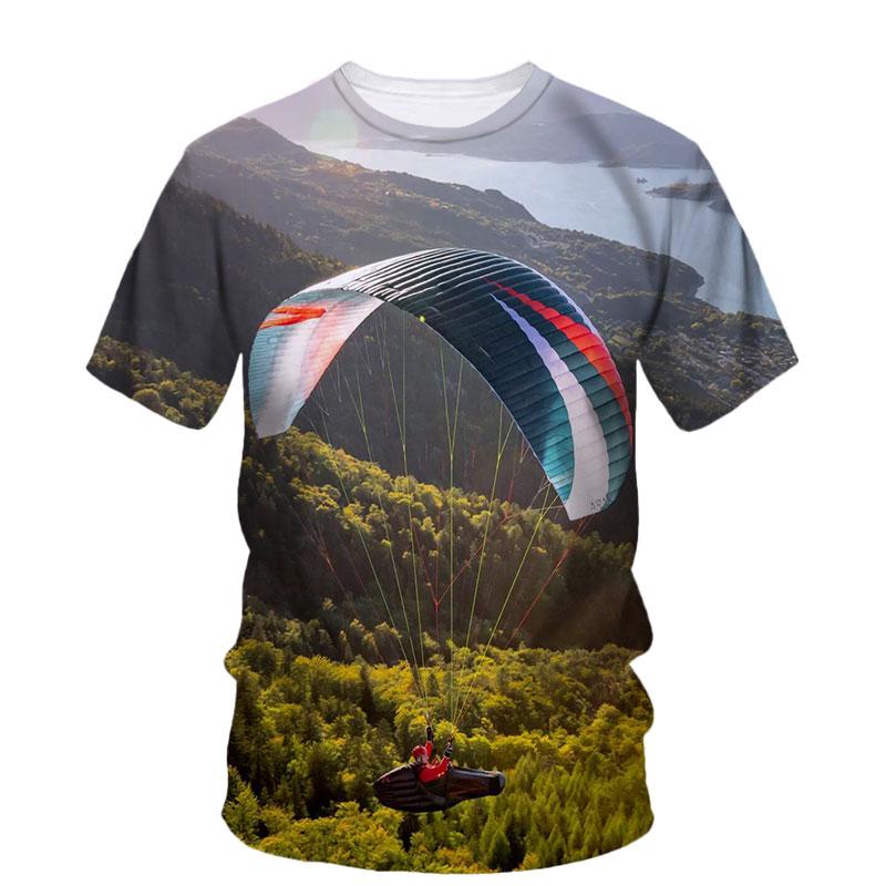 3D Parachute Paraglider Printed Casual Short Sleeved Children's Boy T-shirts  - Soft Medium Stretch Fabric Spring and Autumn Relaxed Fit Clothing
