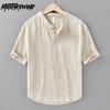 Рубашка из хлопка и льна с воротником-стойкой, мужская летняя повседневная рубашка с коротким рукавом, однотонная, мягкая и удобная свободная рубашка, простой стиль
