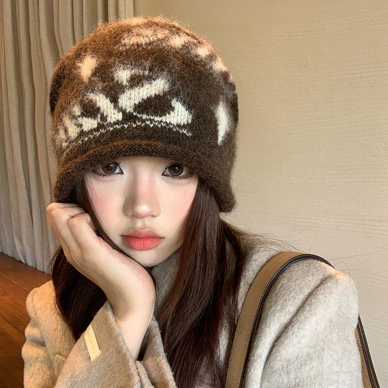 ins Knitted Stacking Hat Autumn and Winter Warm Ear Protector Baotou Hat Fashion Versatile Letter Big Brim Cold Hat