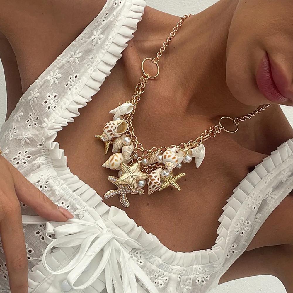 Conch Clavicle Chain Women Pearl Shell Clavicle Necklace Trendy Starfish Choker  Ladies