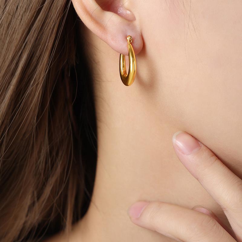 Fashion Smooth Oval Hoop Earrings For Women Stainless Steel U Shape Ear Buckle Huggie Earrings Vintage Zircon Gold Copper Color