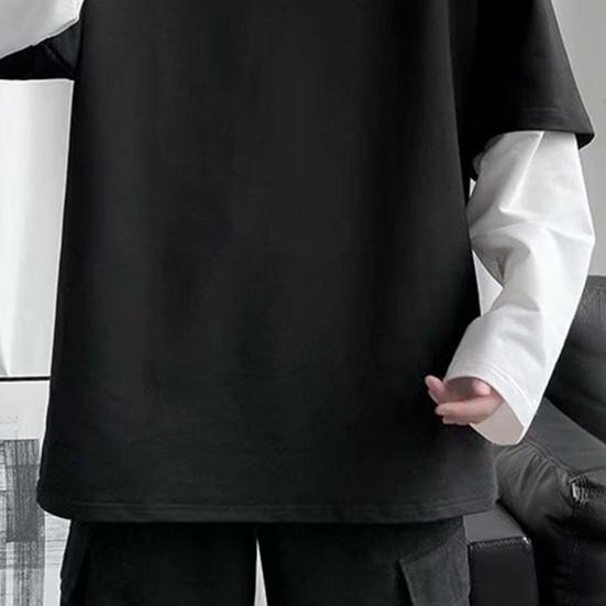 Men T-shirt Fake Two Piece Round Neck Long Sleeve Contrast Color Pullover Spring Loose Patchwork Bottoming Shirt Streetwear