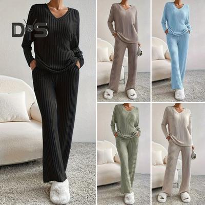 2 шт./комплект женский весенний комплект для поездок на работу топ и штаны комплект с V-образным вырезом длинный рукав топ с высокой талией спортивный костюм эластичная повседневная одежда одежда для сна