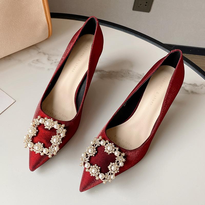 Женские туфли, новые свадебные туфли на высоком каблуке с острым носком, туфли феи фэншуй с квадратной пряжкой и бриллиантами, женская обувь на шпильке