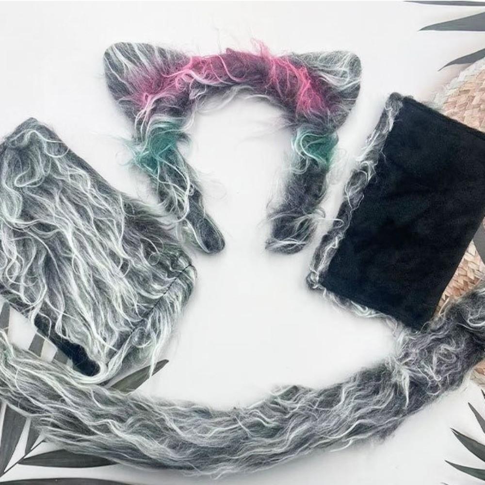 4pcs/set Furry Wolf Ear Headband Faux Fur Plush Sleeve Cover Tail Kit Carnival
