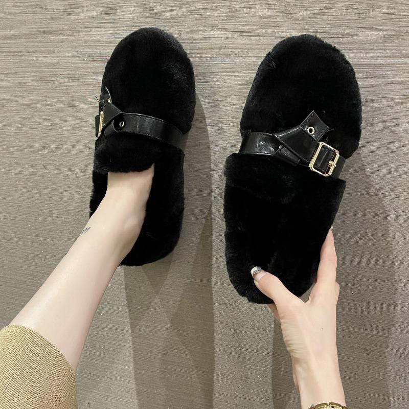 Женская хлопковая обувь 2024 года, зимняя новая корейская версия, удобная хлопковая обувь для отдыха на природе, с пряжкой на ремне, плюшевая, пушистая, теплая женская обувь