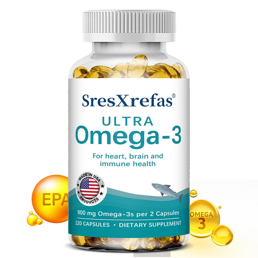 Pure, high-concentration Omega-3 fish oil, beneficial for heart, brain, and immune system health, 120 capsules.