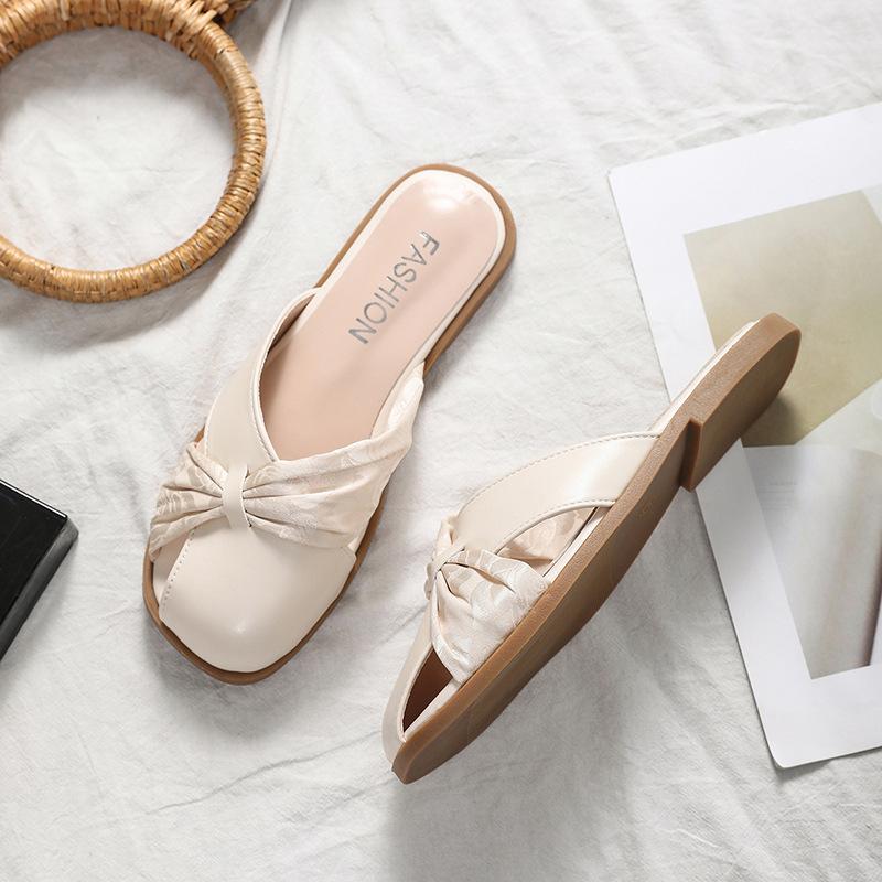 Beige Flat-bottomed Bag Head and Half Slippers for Women's Summer Wear, New Style, Gentle Temperament, Lazy Person, One Foot Sandals