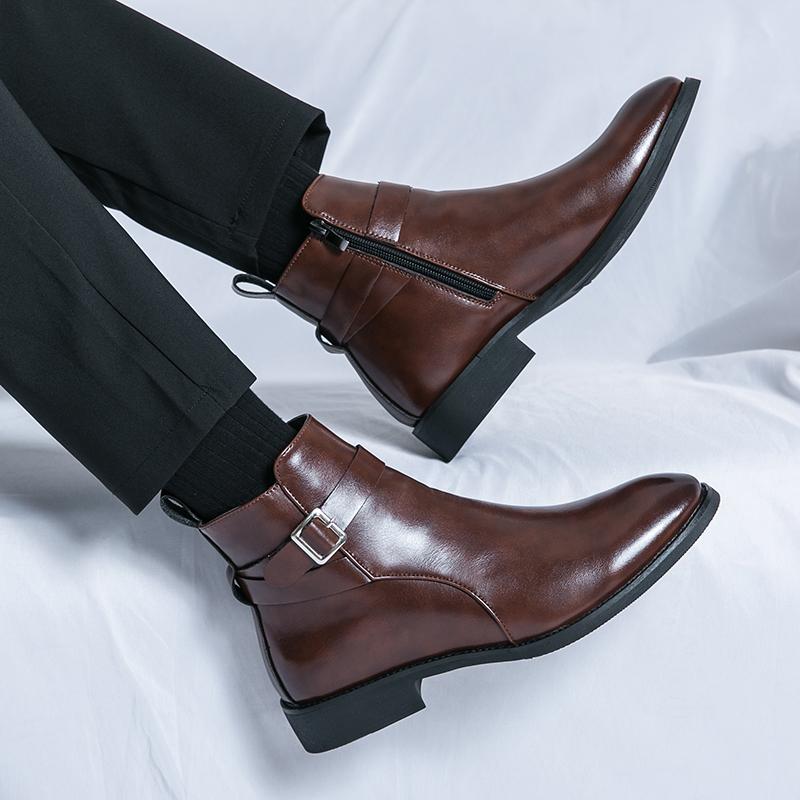 Men's Fashion Winter Pointed Toe Chelsea Ankle Boots British Designer Brown Black High-Top Shoes