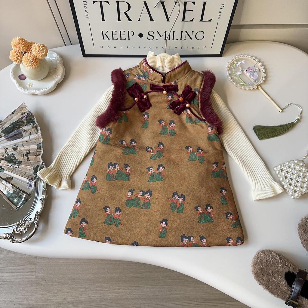 Девичье зимнее платье без рукавов ципао - Детский ханьфу в стиле Тан, жилет AWA898