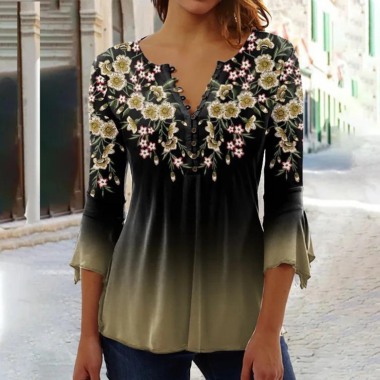 Plus Size Women Shirts 5XL Women's Fashion Casual Summer Spring Flower Pattern Print 3/4 Sleeves V-Neck Blouses & Shirts