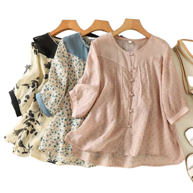 Рубашка из хлопка и льна с принтом в стиле ретро, женская рубашка с круглым вырезом контрастного цвета, тонкая летняя рубашка с короткими рукавами