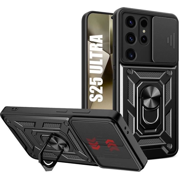 Coque pour Samsung Galaxy S25 Ultra, Noir Protection Renforcée Antichoc Cache Caméra Anti-Rayures Rigide