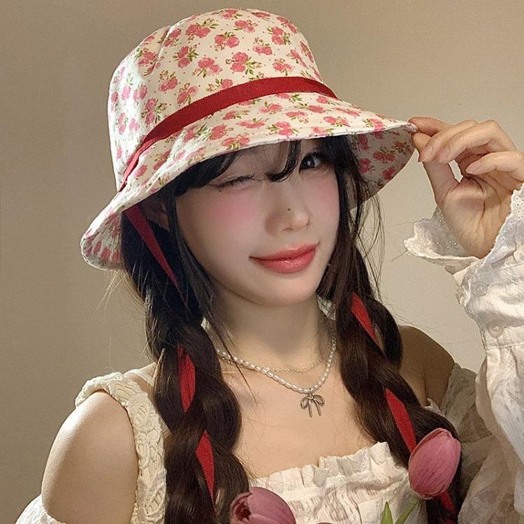 Female Floral Tie Fisherman Hat Spring and Summer Bucket Hat Large Brim Sun Shading and Sun Protection