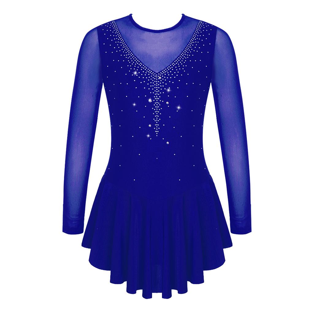 Детское стильное платье для катания на коньках для девочек с длинным рукавом и V-образным вырезом, стразами, лоскутным шитьем, открытой спиной, танцевальная одежда
