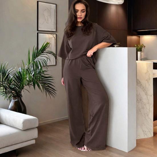 Женские костюмы из 2 предметов, повседневный пуловер с коротким рукавом, свободный топ и брюки с широкими штанинами, летний домашний спортивный костюм