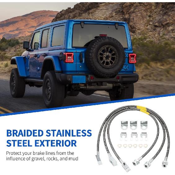 89715 Stainless Brake Lines, Front & Rear Extended Brake Lines (89702 & 89703) For 4"-6" Lift, Compatible With 1987-2006 4WD Jeep Wrangler TJ YJ XJ,