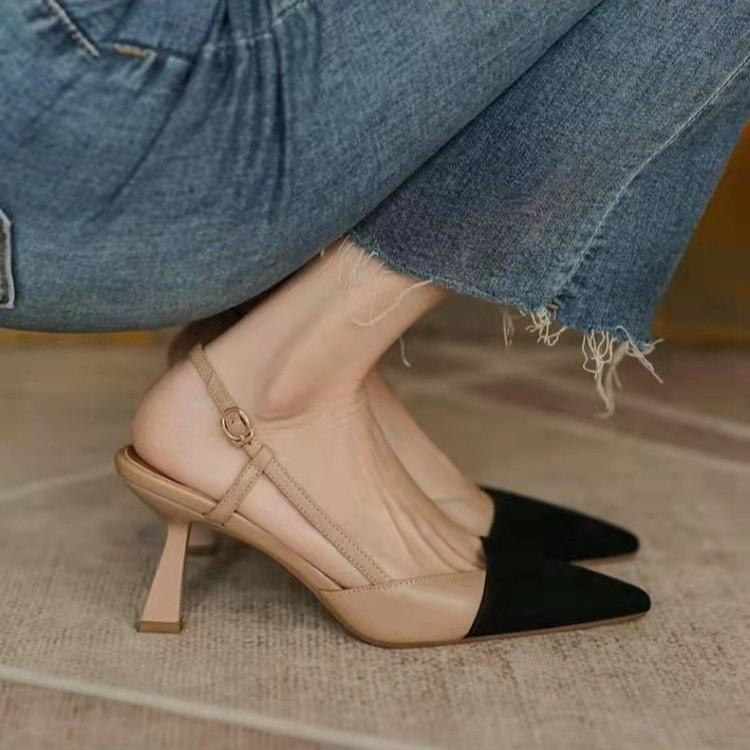 2025 Summer New Women's Shoes Color Matching Retro Pointed High Heels with Thick Heels Single Shoes Bag Head Empty Sandals