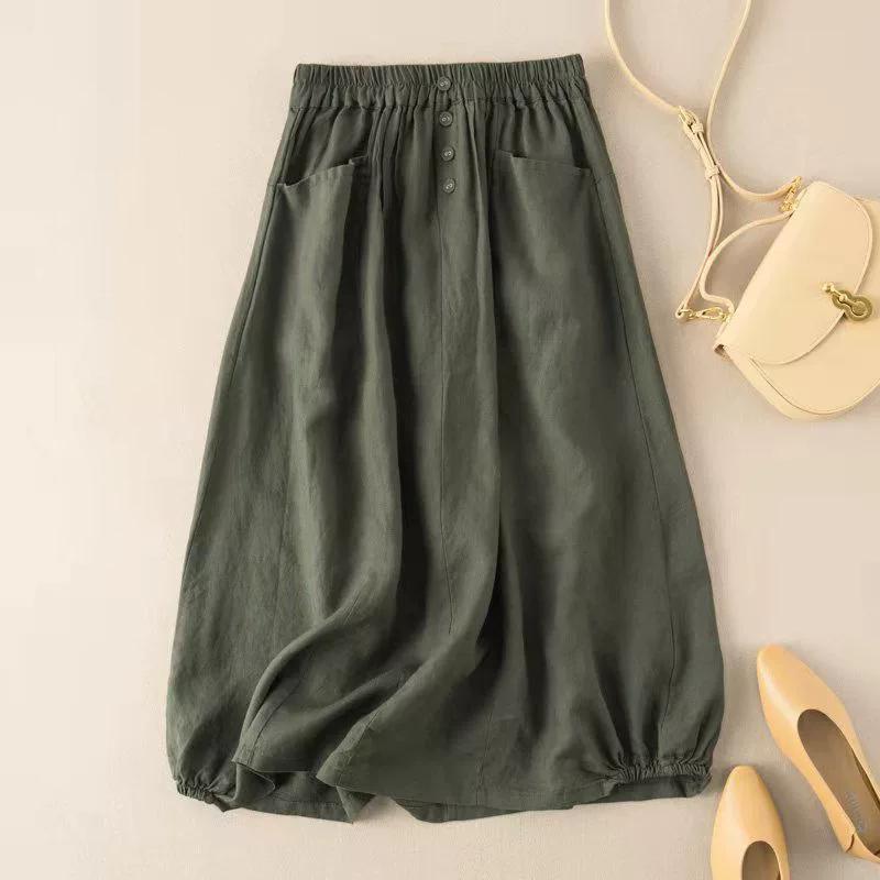 Women Summer High-Waist Elastic Waistband Pockets Buttons Decor Large Hem Midi Skirt Women Solid Color A-Line Retro Skirt