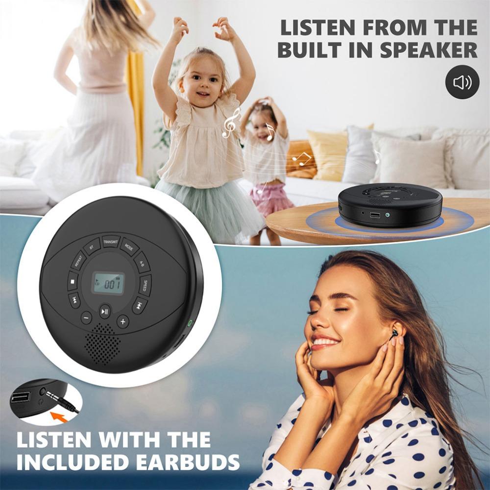 Портативный CD-плеер Bluetooth CD Walkman Встроенные динамики Перезаряжаемый CD-плеер с портом USB/AUX/наушников с наушниками
