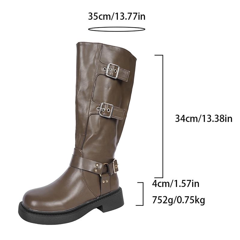 Fashion Women's Adjustable Buckle Riding Boots with Side Zipper Fashion Black PU Leather Knee High Boots Women Autumn Winter Long Botas