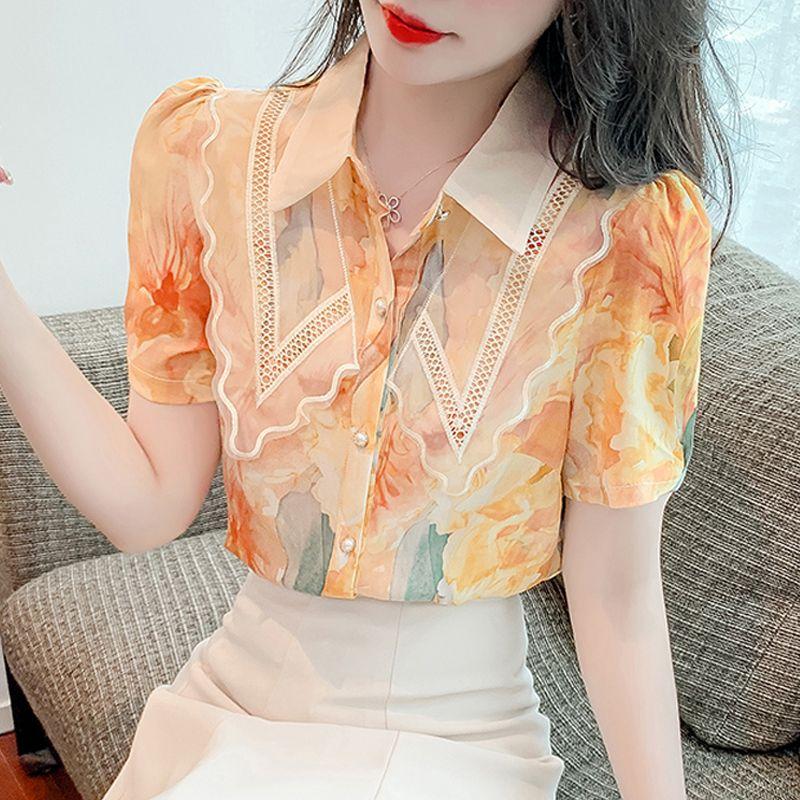 Женская одежда, модная кружевная лоскутная рубашка с цветочным принтом, шикарная элегантная рубашка, летняя милая тонкая блузка с короткими рукавами, Blusas Mujer