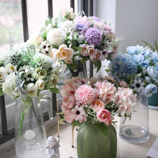 Artificial Flowers Bunch Realistic Faux Silk Flowers Long-Lasting Hydrangea Rose Fake Flowers for Vase Flower Arrangement Home Decor Wedding