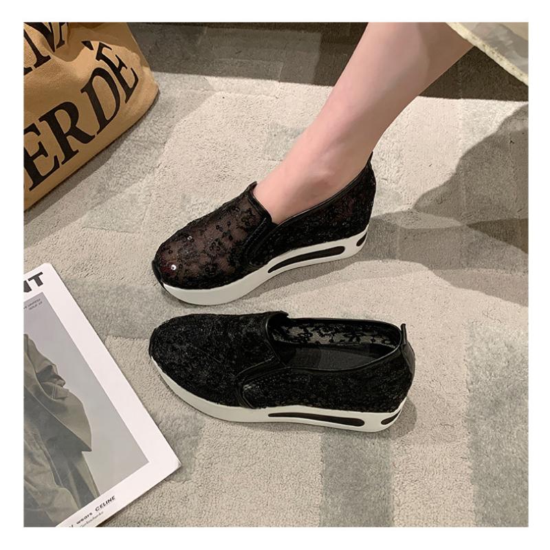 Женские одиночные туфли с приподнятой внутренней частью, весенне-летняя корейская версия, повседневная женская обувь с кружевной сеткой и пайетками, на толстой подошве