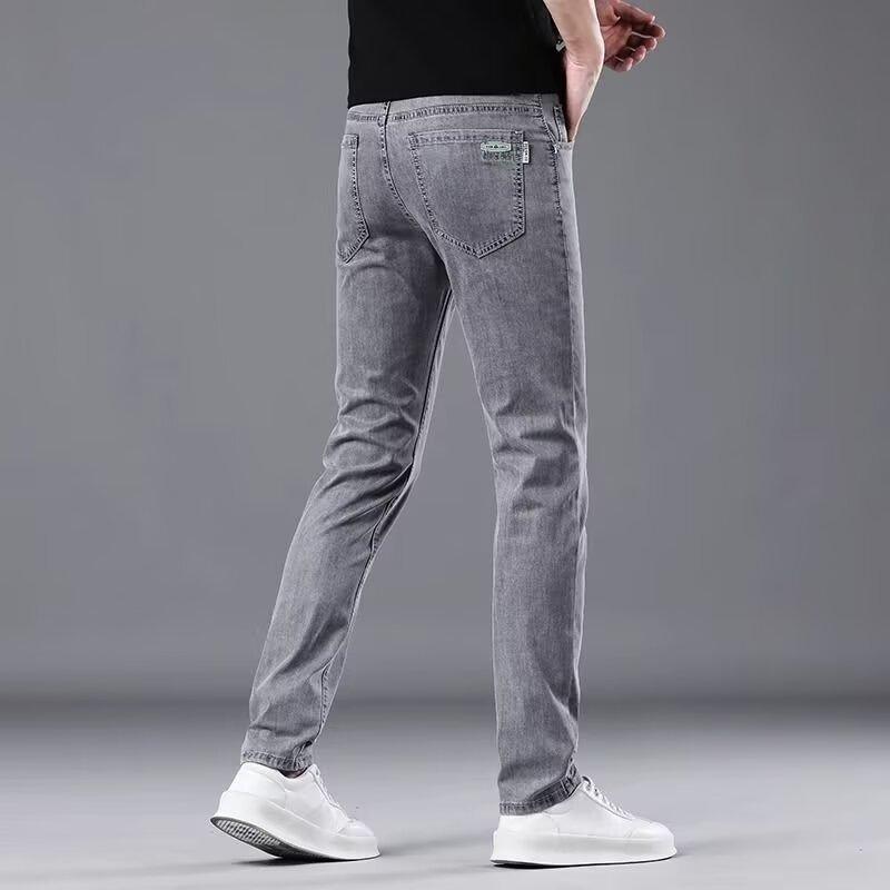 Summer thin smoke gray jeans men's slim straight trendy brand men's elastic pants versatile casual long pants