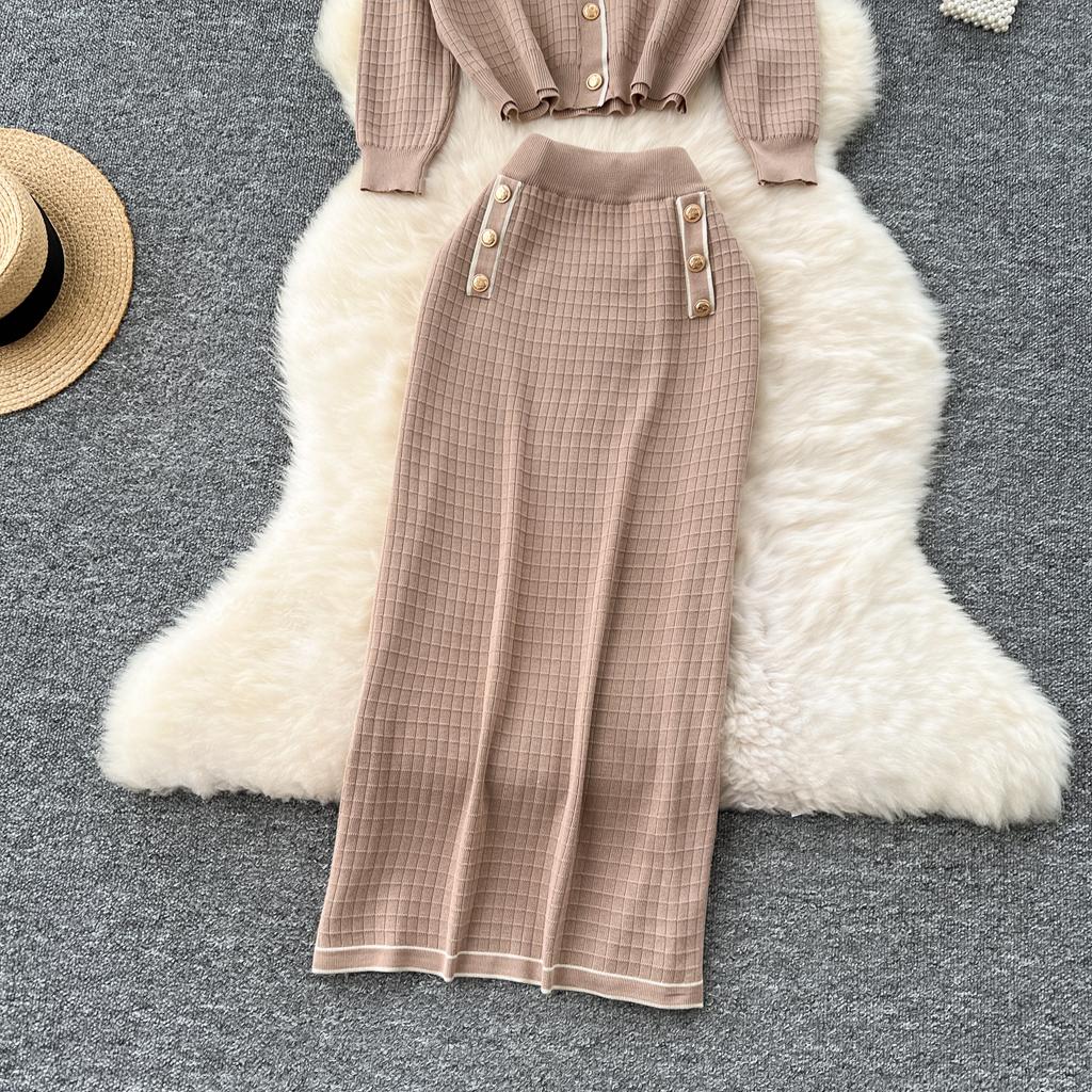 Simple Luxury Premium Solid Color Set Autumn/Winter Knitted Set Women's Polo Loose Shirt Coat+High Waist Skirt Two Piece Sets