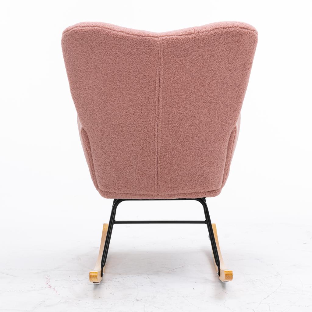 009 Mid Century Modern Rocking Chair made of Teddy Fabric with Tufted Cover, Padded Seat for Living Room and Bedroom, Pink