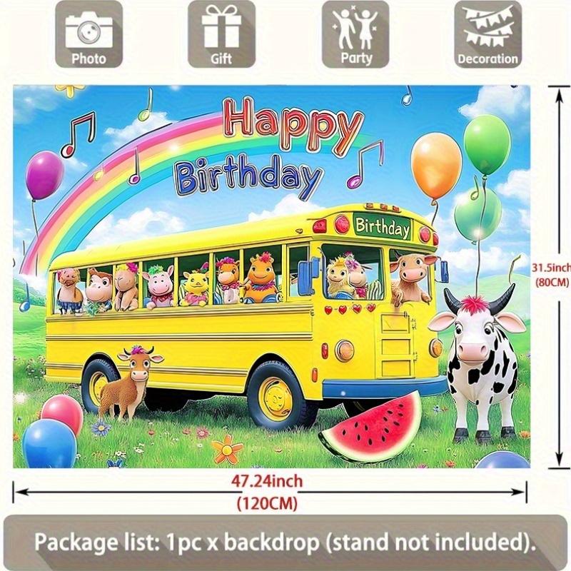 Party Backdrop Rainbow Bus Cartoon School Animals Balloons Cheerful Event Photo Background Birthday Party Decor