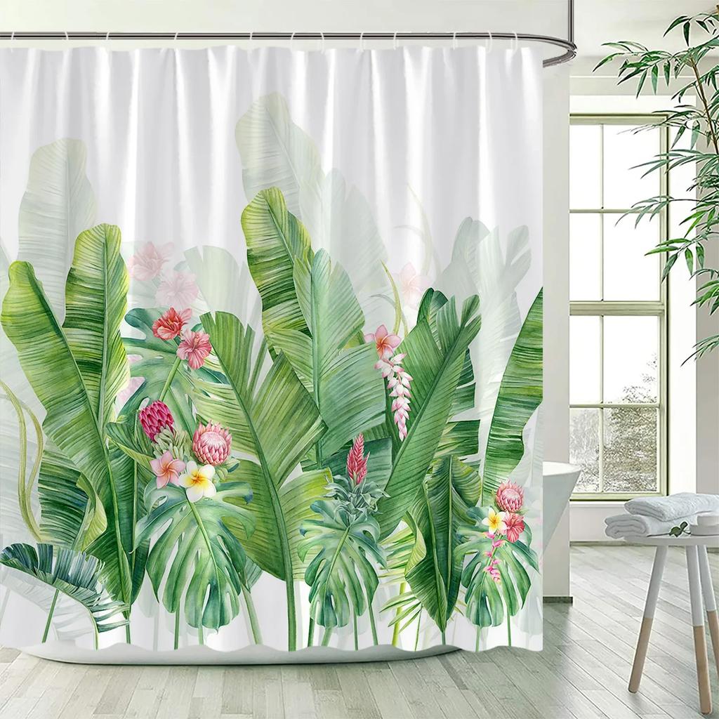 Тропические Растения Цветочные Шторы для Душа Бежевый Зеленый Пальмовые Листья Цветы Скандинавский Декор Ванная Полиэстер Штора для Ванны с Крючками