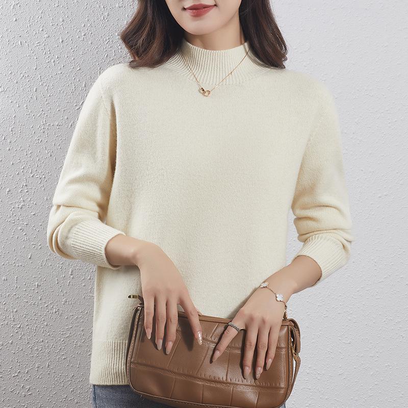 Women's Light Luxury Wool Pullover – Half-High Collar, Thick Knit, Loose Fit, 100% Wool, Perfect for Autumn/Winter.